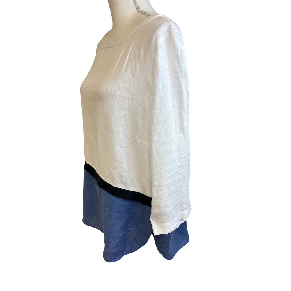 J JILL Linen Colorblock Tunic Top Women Sz L White Blue Coastal Casual Beachy - Picture 8 of 12